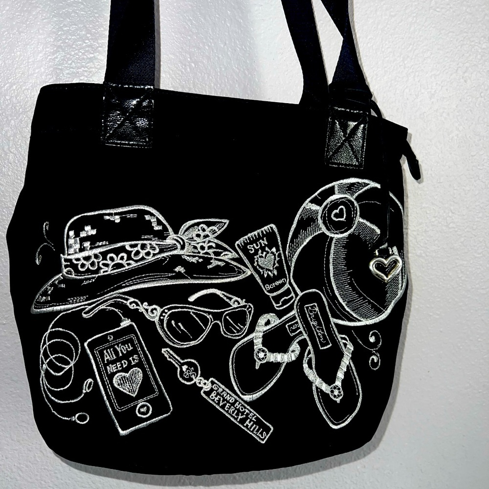 💕Brighton Black Beach Embroidery World Traveler Tote Purse Bag Leopard Print LN